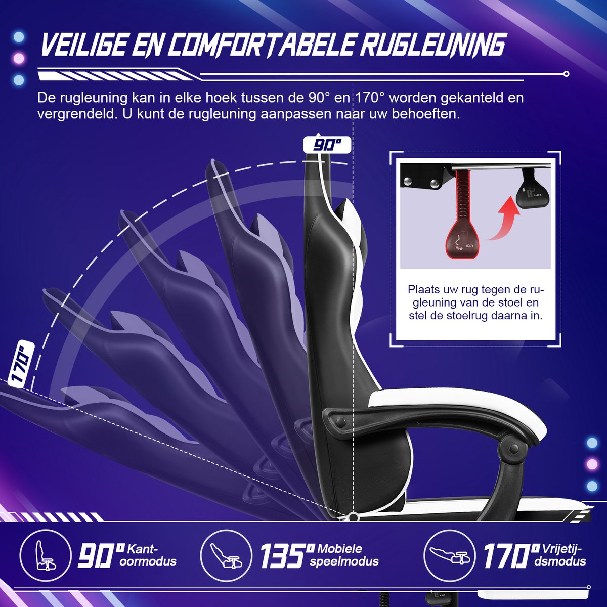Afbeelding 3 van Elekiatech Gaming Stoel - Gamestoel mit 90°-170° Rugleuning - Gaming Chair met Inklapbare Voetensteun - Game Stoel met Zachte Armleuningen - Max. Draagvermogen 150 kg