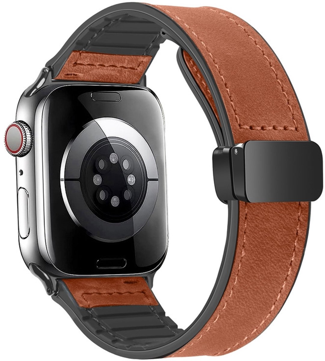 Hybride siliconen-leren bandje - geschikt voor Apple Watch 1/2/3/4/5/6/7/8/9/10/11/ SE (1,2,3) met maat 38 mm / 40 mm / 41 mm en 42 mm (Watch 10/11) - bruin
