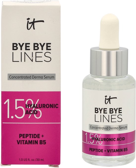 Doosje en flesje van 'it BYE BYE LINES' Concentrated Derma Serum. Bevat 1,5% hyaluronzuur, peptide + vitamine B5.