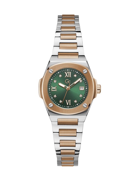 Foto: Gc gc coussin shape mini quartz dag en datumhorloge groente kast 100 roestvrij staal armband 100 roestvrij staal 30 z12001l9mf