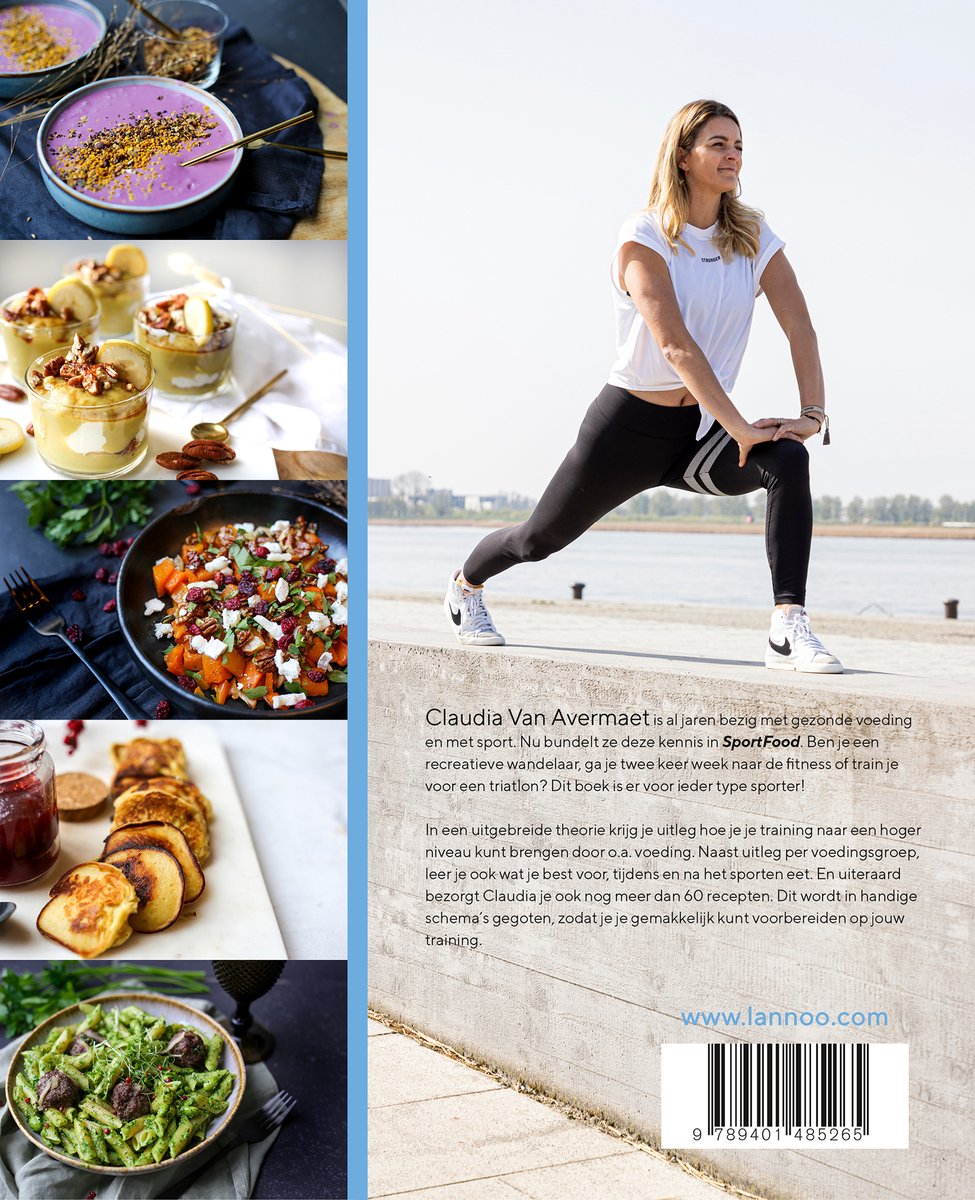 Boekcover 'SportFood' met collage van foto's van eten en een vrouw in sportkleding.
