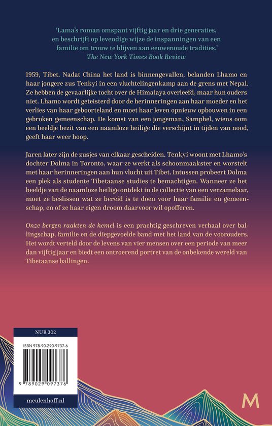 Achterkant van een boek met tekst en een deel van de bergenillustratie van de voorkant. ISBN: 9789029097376.
