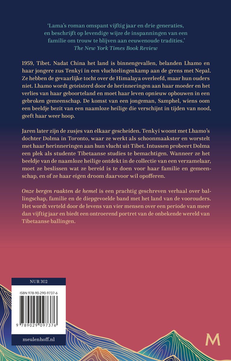 Achterkant van een boek met tekst en een deel van de bergenillustratie van de voorkant. ISBN: 9789029097376.