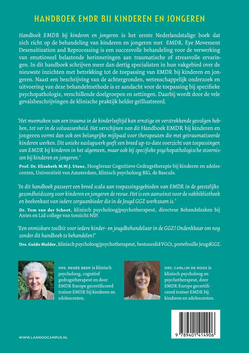 Achterkant boek 'HANDBOEK EMDR bij kinderen en jongeren'. Tekst en foto's van de redactie, Renée Beer en Carlijn de Roos. Barcode. Lannoo Campus.