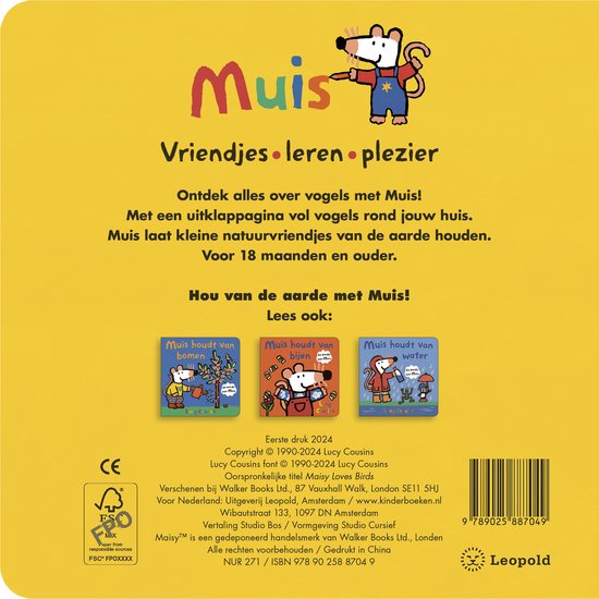 Achterkant van een kinderboek met informatie en afbeeldingen van muisjes en vogels. De titel is 'Muis Vriendjes leren plezier'.
