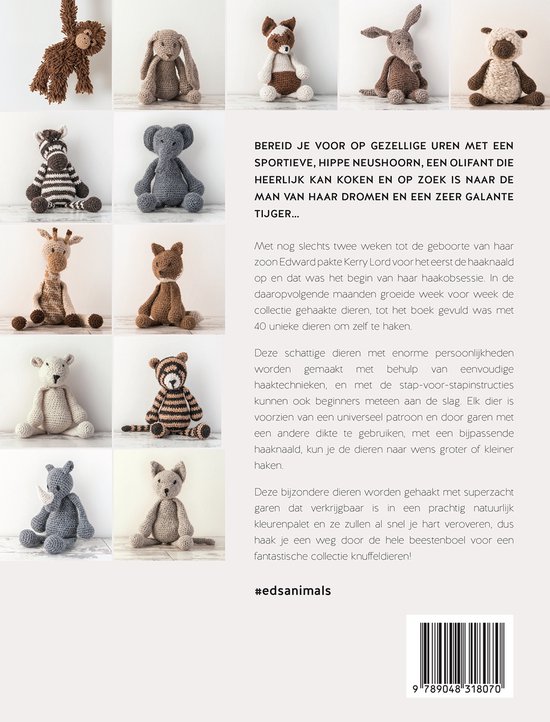 Een collage van 12 gehaakte dieren, waaronder een zebra, giraffe, tijger en olifant.