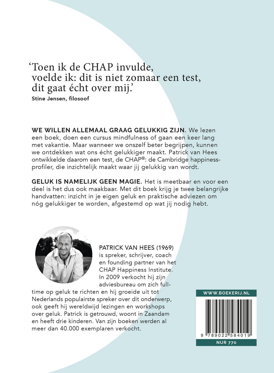 Achterkant boek 'De Cambridge happiness-profiler'. Met tekst, een foto van Patrick van Hees en een barcode.