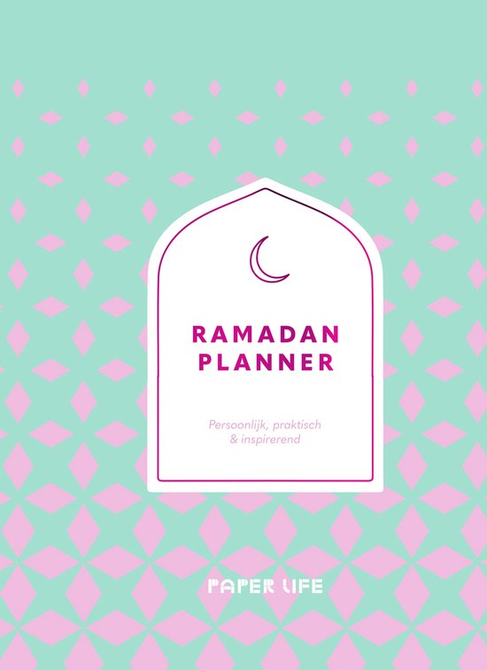 Ramadan planner met maansikkel en de tekst 'Persoonlijk, praktisch & inspirerend'. Achtergrond met pastelroze en mintgroene ruitjespatroon.