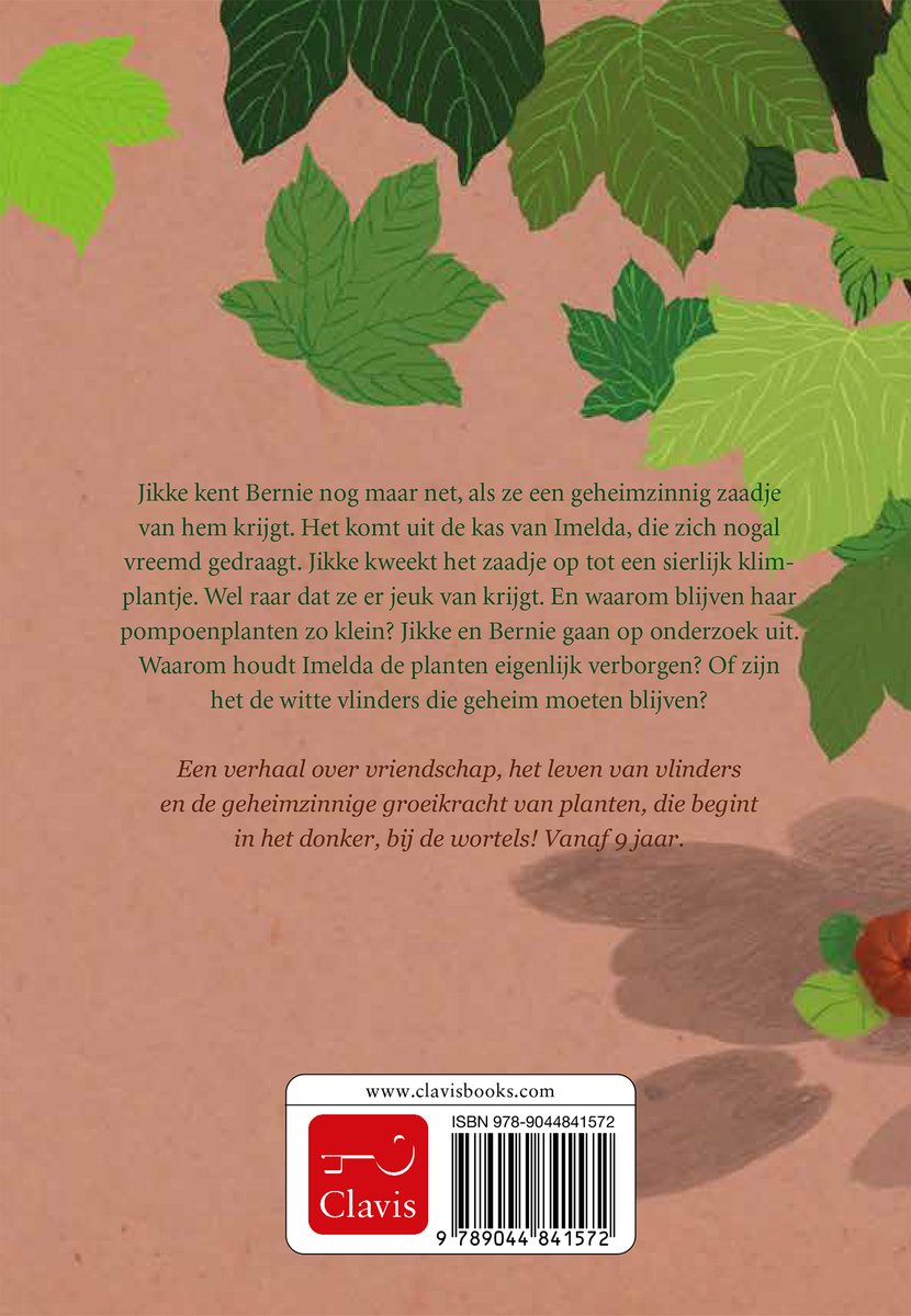 Achterkant van een kinderboek met bladeren en tekst over vriendschap, vlinders, groei en wortels.