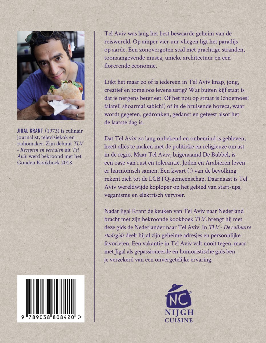 Jigal Krant met een broodje, met tekst over het boek TLV.