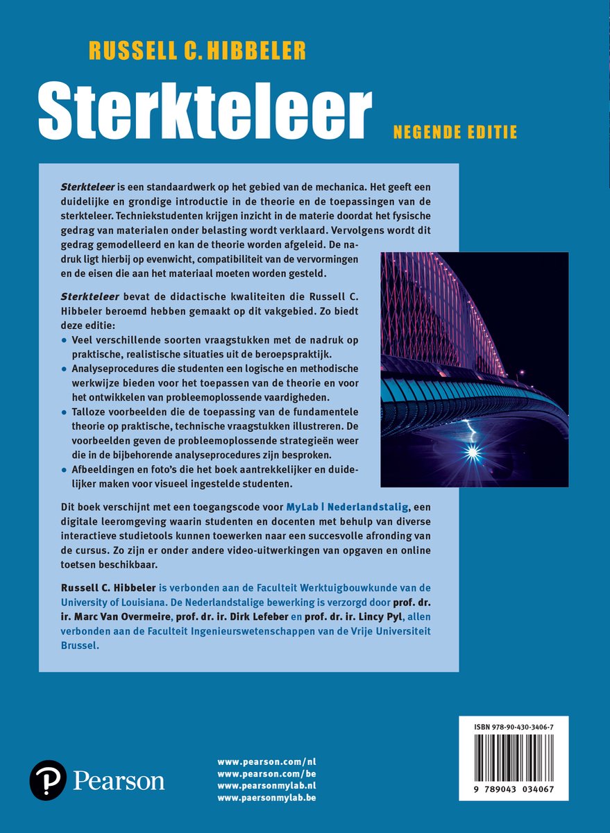 Achterkant van het boek 'Sterkteleer' met auteursinformatie, ISBN en Pearson MyLab logo. Een brug met blauwe en rode verlichting op de achtergrond.