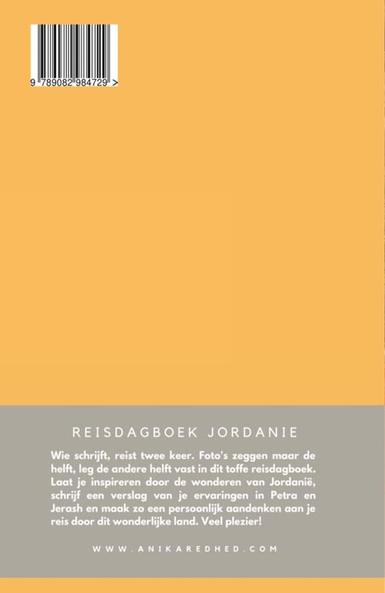 Achterkant van het 'Reisdagboek Jordanië'. Bevat tekst en een URL.