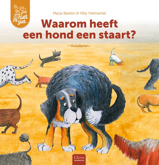 Boekcover 'Waarom heeft een hond een staart?', met diverse honden en de tekst 'Huisdieren'.