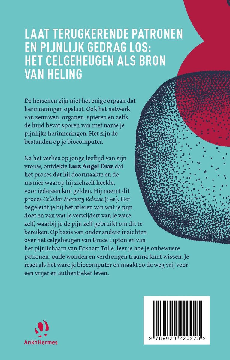 Cover van 'LAAT TERUGKERENDE PATRONEN EN PIJNLIJK GEDRAG LOS: HET CELGEHEUGEN ALS BRON VAN HELING' met rode en blauwe abstracte vormen.