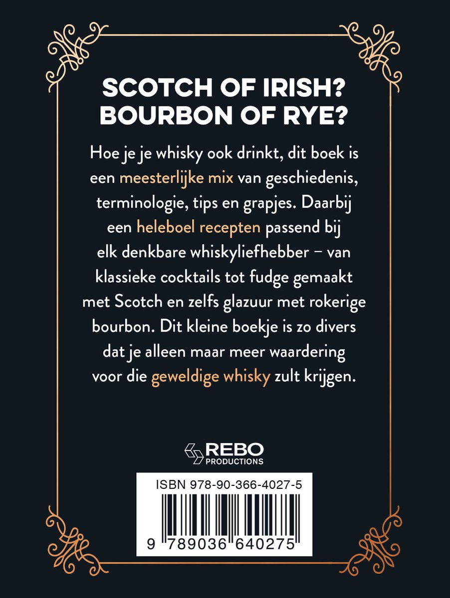 Boekomslag 'Scotch of Irish? Bourbon or Rye?' met tekst over whisky en een barcode.