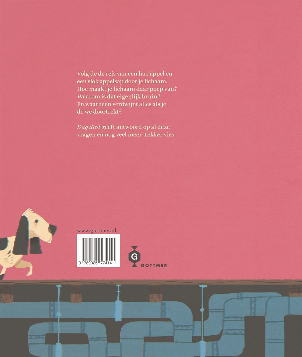 Rug van kinderboek "Dag drol" met tekst en illustratie van een hondje