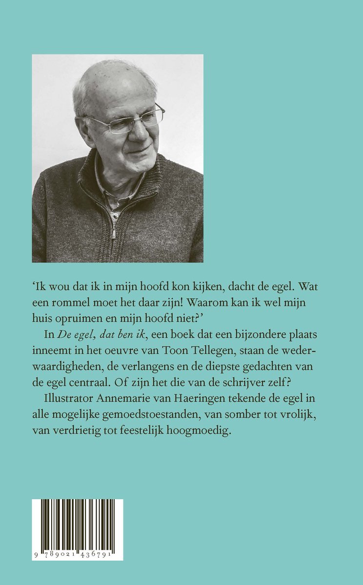 Boek 'De egel, dat ben ik' met een portretfoto van een oudere man en tekst.