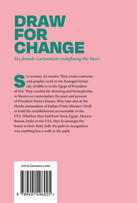 Achterkant van het boek 'Draw for Change' met de titel en een beschrijving van de inhoud. De achtergrond is roze.