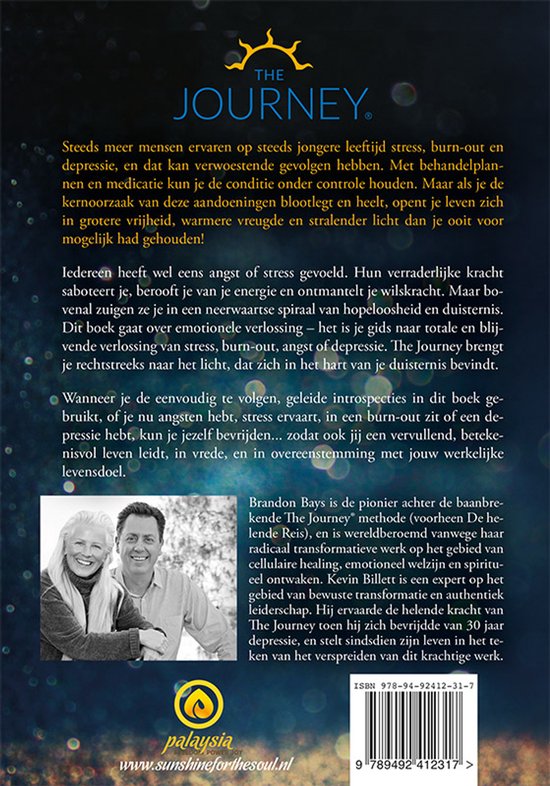 Achterkant van het boek 'The Journey' met tekst over stress, burn-out en depressie. Brandon Bays is de pionier van de helende reis.