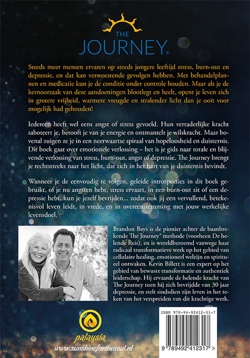 Achterkant van het boek 'The Journey' met tekst over stress, burn-out en depressie. Brandon Bays is de pionier van de helende reis.