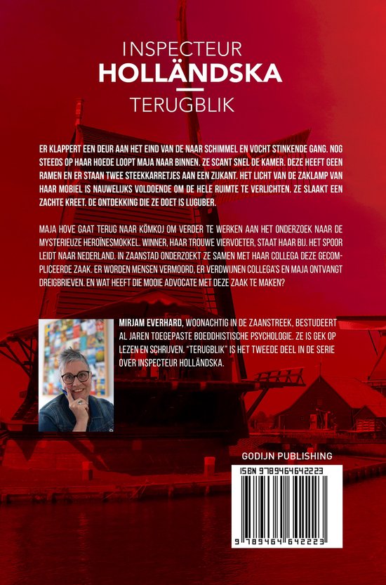 Boekcover met een portret van een vrouw met bril, en tekst 'Inspecteur Holländska Terugblik'.