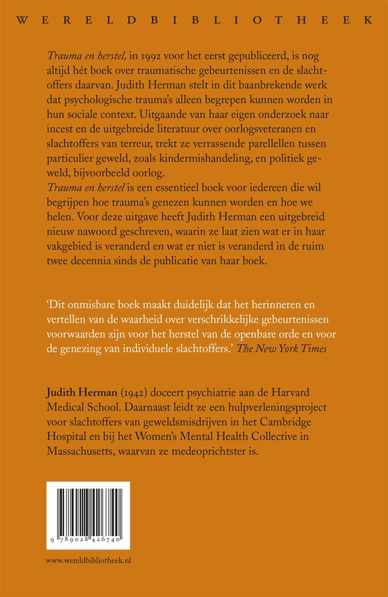 Achterkant boek 'Trauma en herstel' met tekst en ISBN.
