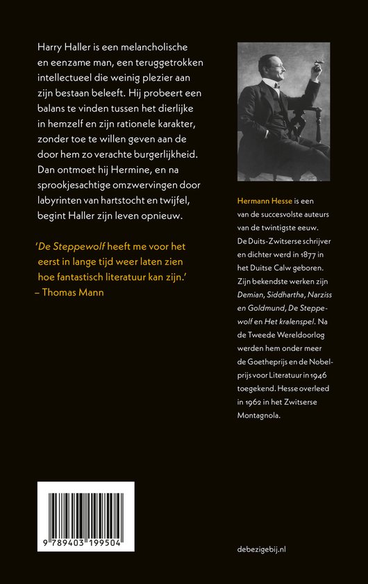 Hermann Hesse, auteur van De Steppewolf, in zwart-wit kleding.