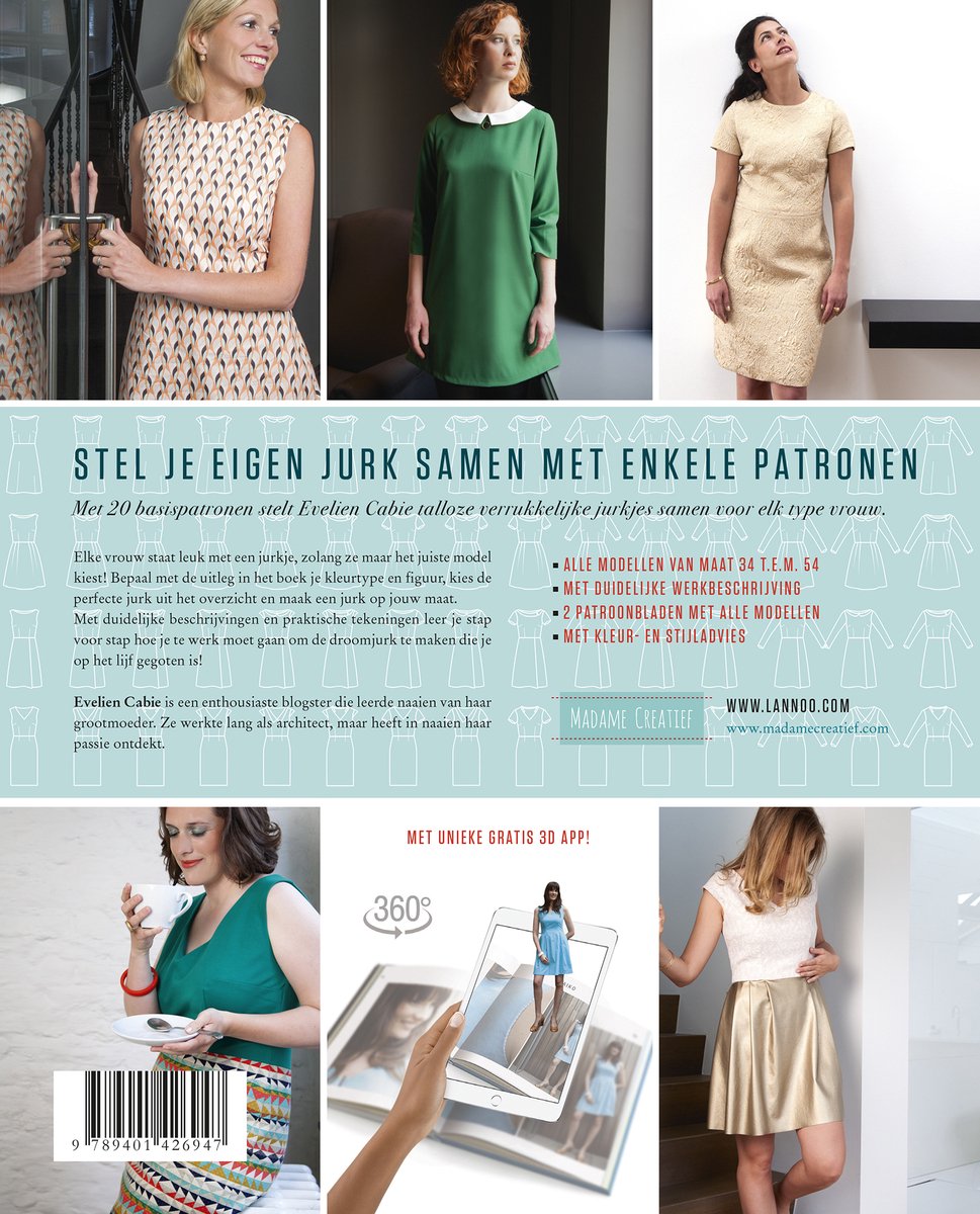Boekomslag met tekst "Stel je eigen jurk samen met enkele patronen" en foto's van vrouwen in jurken.