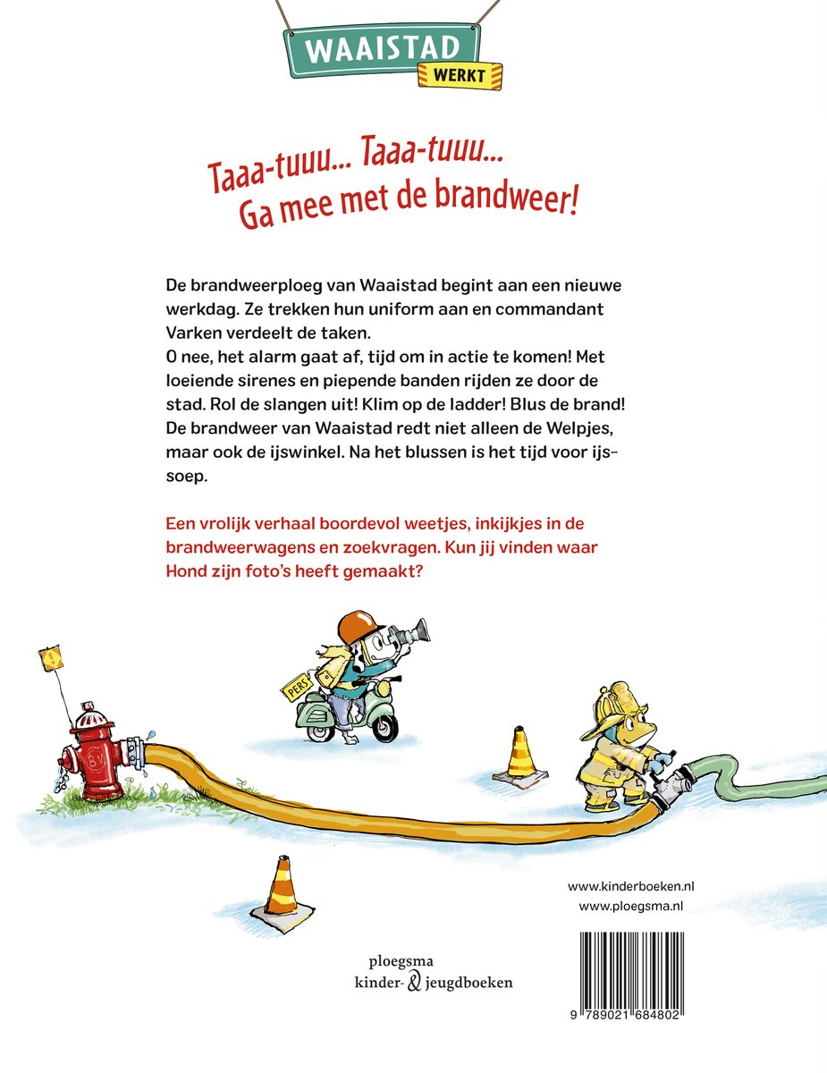 Waaistad Werkt. Een brandweerauto met ladder, hydrants en brandweermannen. Een hond met videocamera op een scooter.