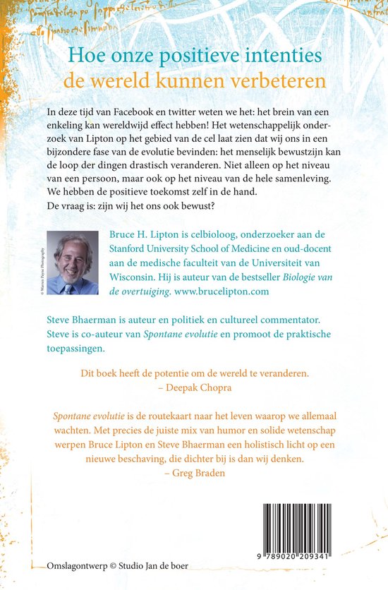 Achterkant van het boek "Spontane evolutie" met een portret van Bruce H. Lipton en informatie over de auteurs.