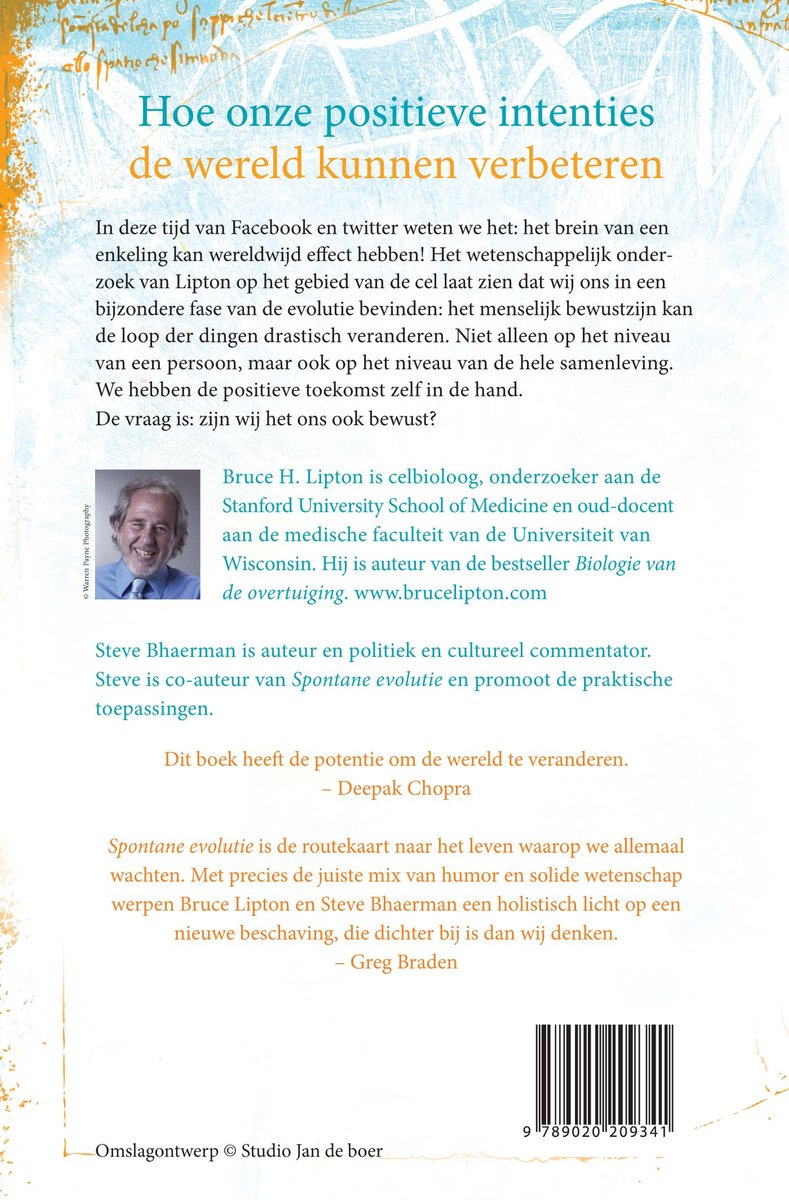 Achterkant van het boek "Spontane evolutie" met een portret van Bruce H. Lipton en informatie over de auteurs.