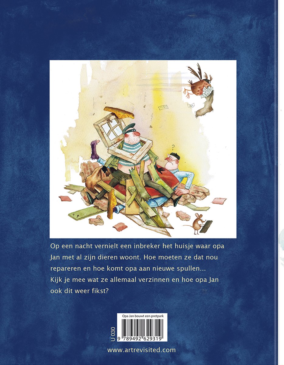 Omslag van een kinderboek met een illustratie van een ingestort huis. Opa Jan en een inbreker zitten onder het puin.