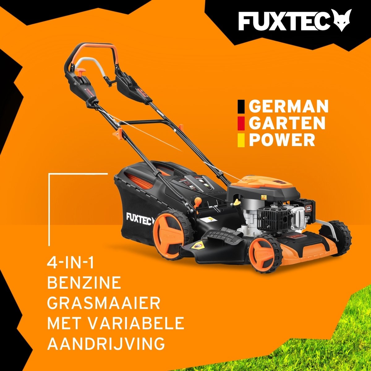 FUXTEC Grasmaaier Benzine - 51cm - Zelfrijdend / Zelftrekkend / Achterwielaandrijving - Mulchfunctie - Opvangbak 60L - FX-RM5196PRO