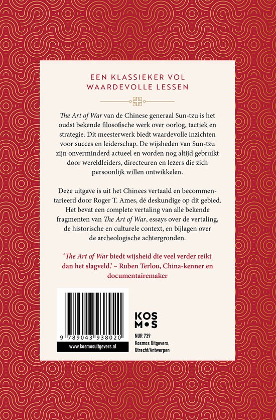 Achterkant Nederlandse editie "The Art of War" met tekst over de inhoud en de auteur Sun-Tzu, met barcode en uitgever.