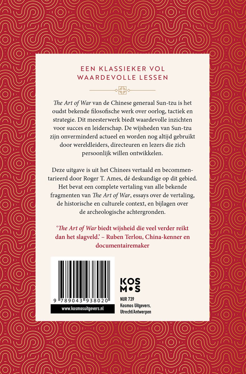 Achterkant Nederlandse editie "The Art of War" met tekst over de inhoud en de auteur Sun-Tzu, met barcode en uitgever.