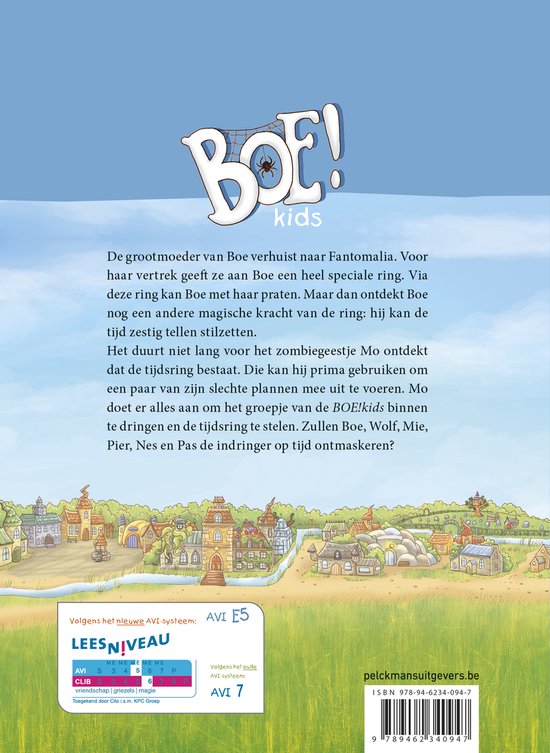 De achterkant van een kinderboek met een illustratie van een dorp en tekst.