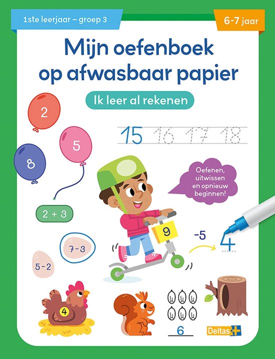 Cahier d'exercices 'J'apprends à calculer' avec des images de ballons, une poule, un écureuil, une souche d'arbre et un garçon sur une trottinette. Comprend des additions.