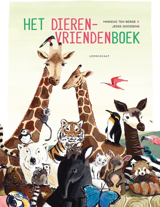 Boekomslag met titel 'Het Dierenvriendenboek' en illustraties van diverse dieren zoals giraffen, tijger, pinguïn en ijsbeer.