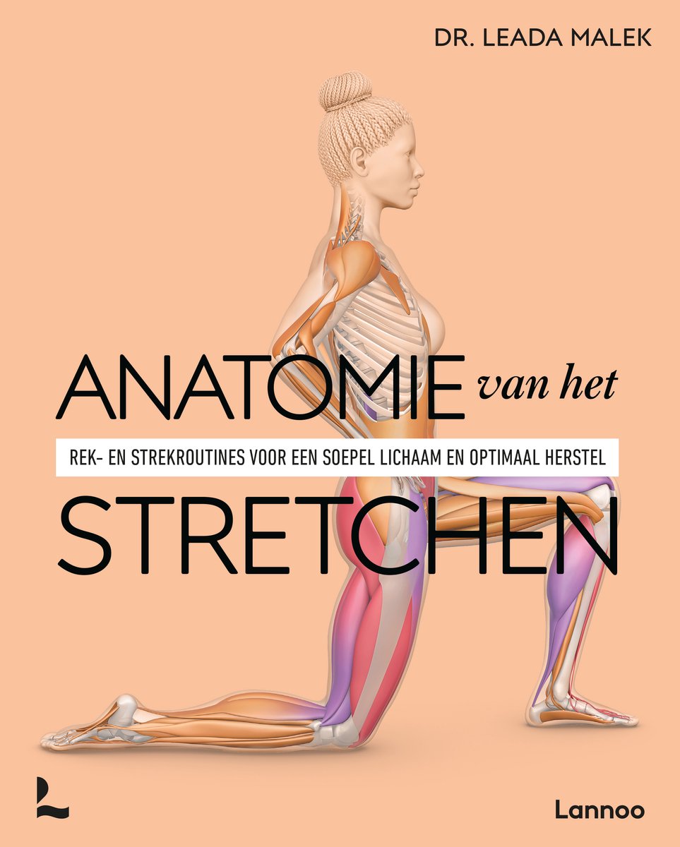 Anatomie van het stretchen. Anatomische illustratie van een vrouw die een lunge uitvoert, met spieren en botten zichtbaar. Titel van het boek.