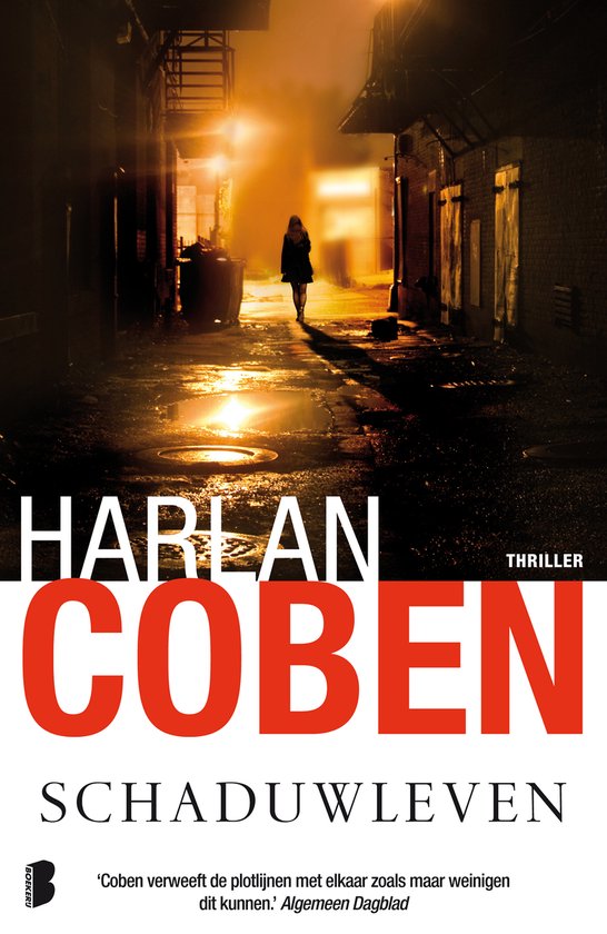 Boekomslag met de tekst 'HARLAN COBEN SCHADUWLEVEN' en een afbeelding van een vrouw in een steeg.
