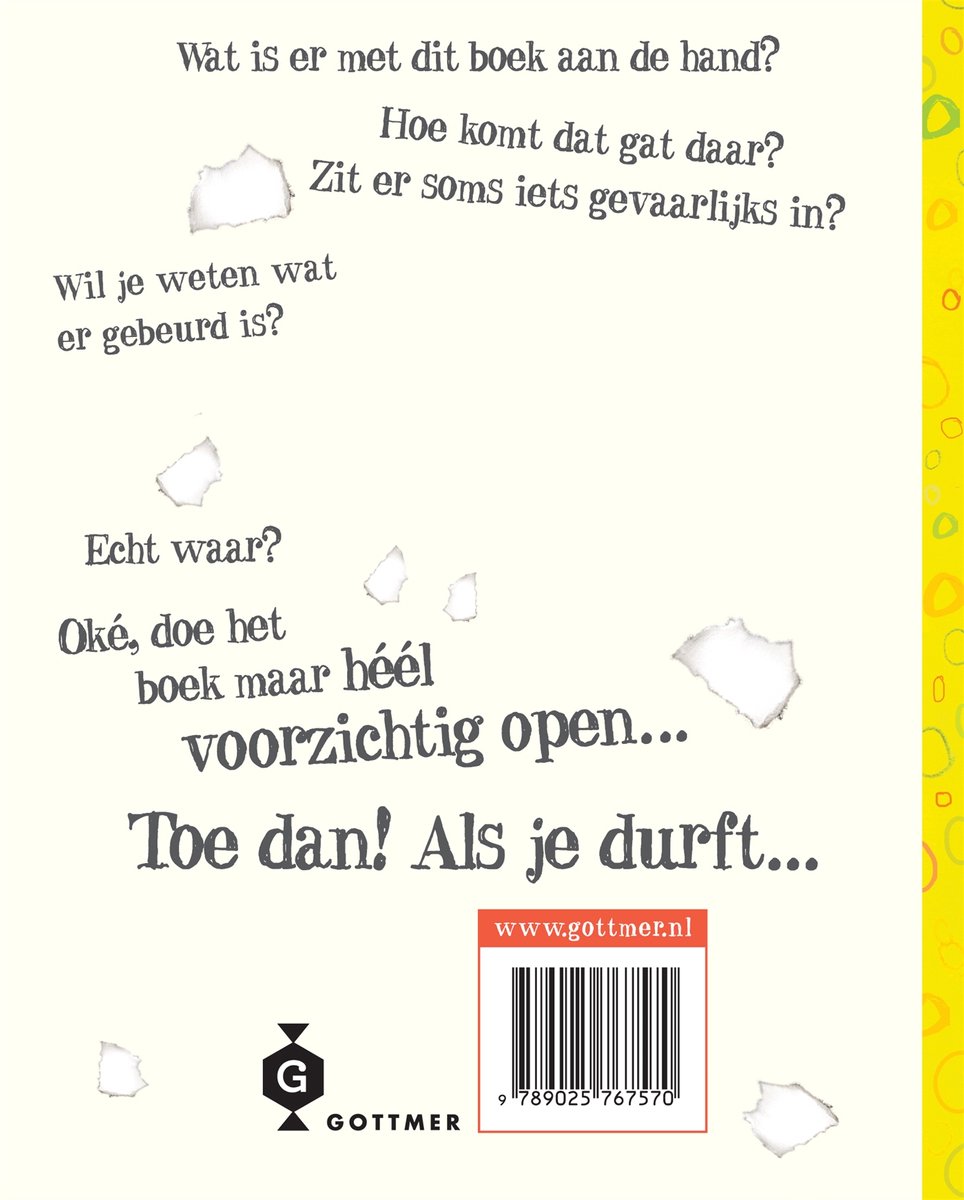 Achterkant van een kinderboek met vragen en tekst. Bevat een barcode en de website www.gottmer.nl.