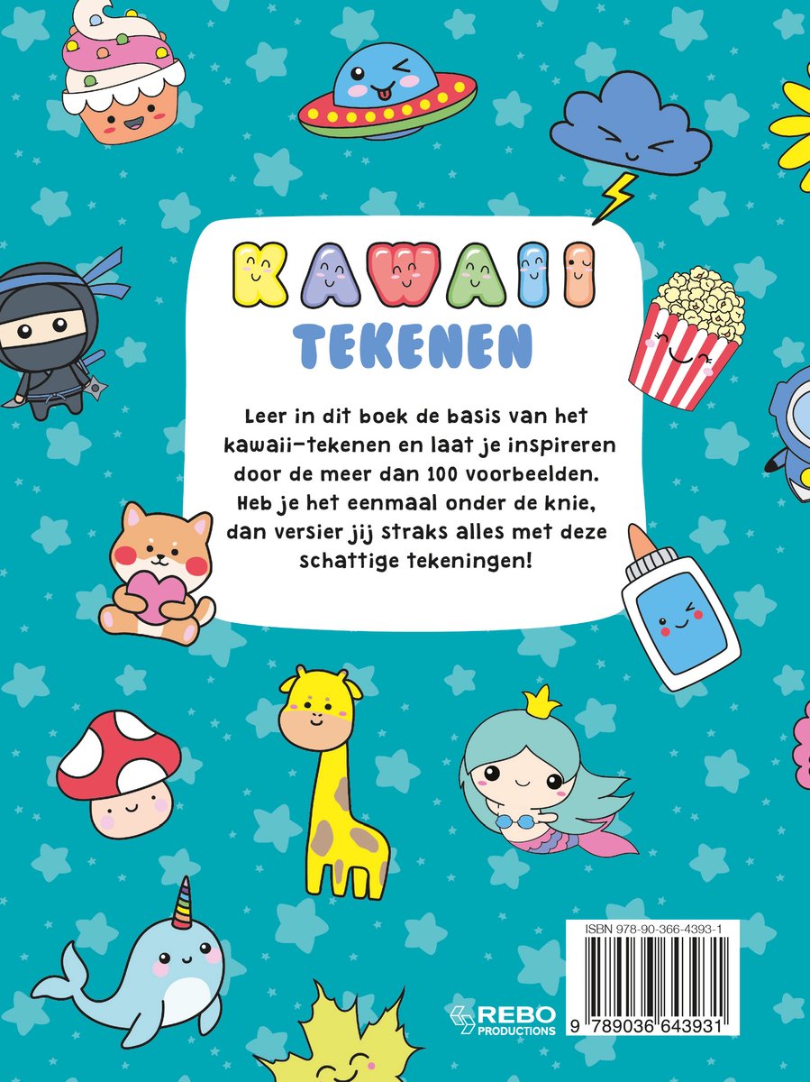 Achterkant Kawaii Tekenen boek met ninja, cupcake, ufo, wolk, popcorn, walvis, giraf, zeemeermin.