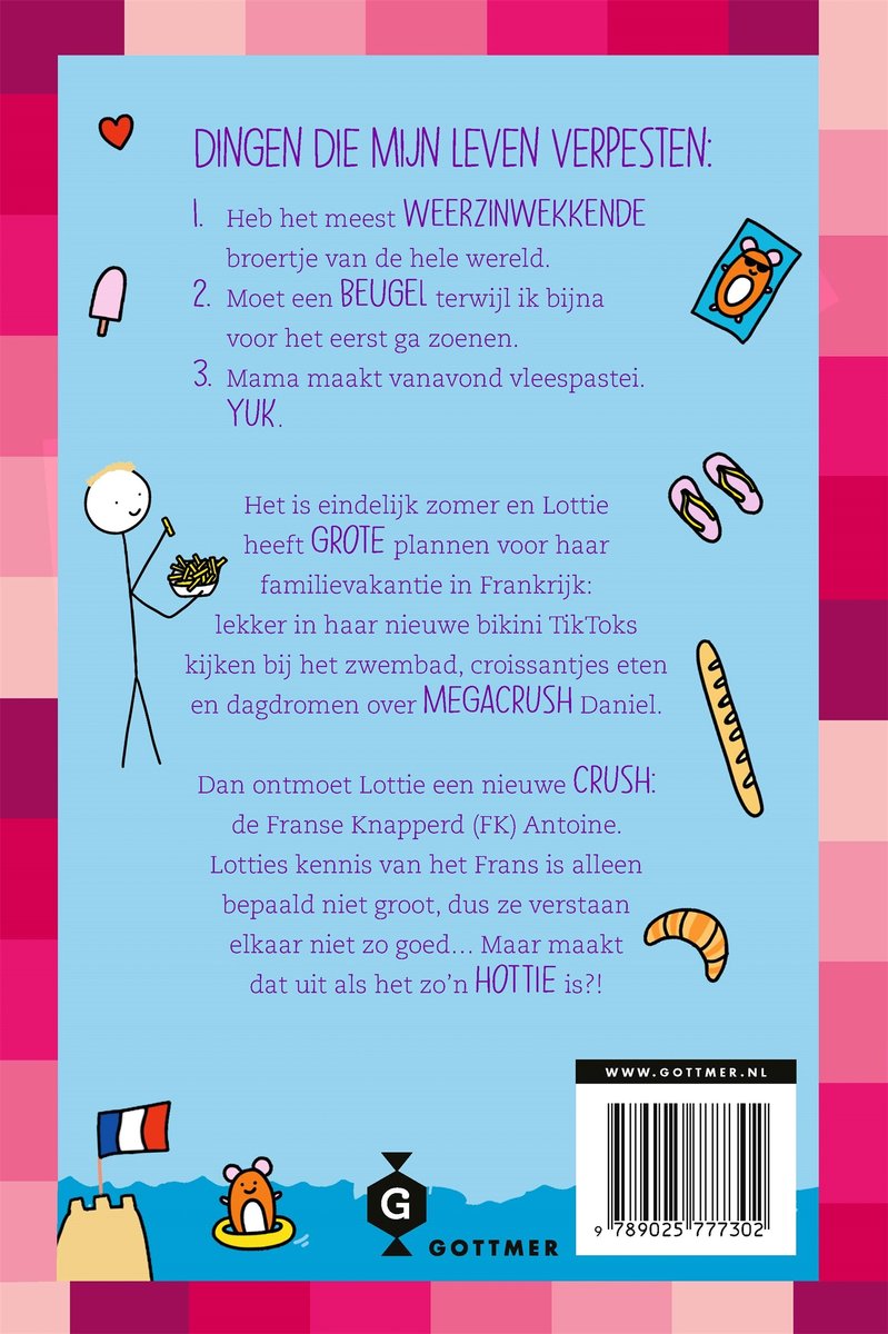 Boekomslag met illustraties van een stokfiguur, een strand en Franse vlag. Tekst: 'Dingen die mijn leven verpesten'.