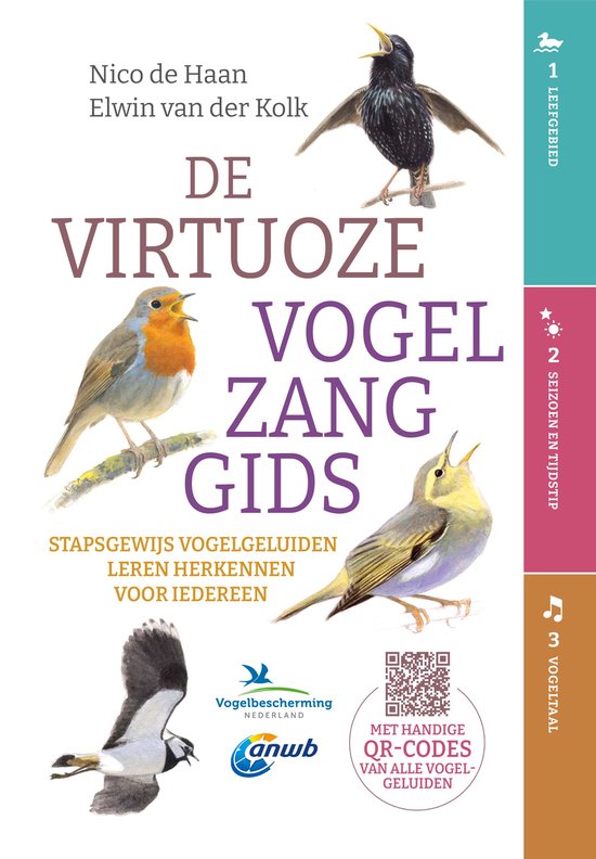 Cover 'De Virtuoze Vogelzanggids' met illustraties van een spreeuw, roodborstje en zangvogel. Met QR-codes.