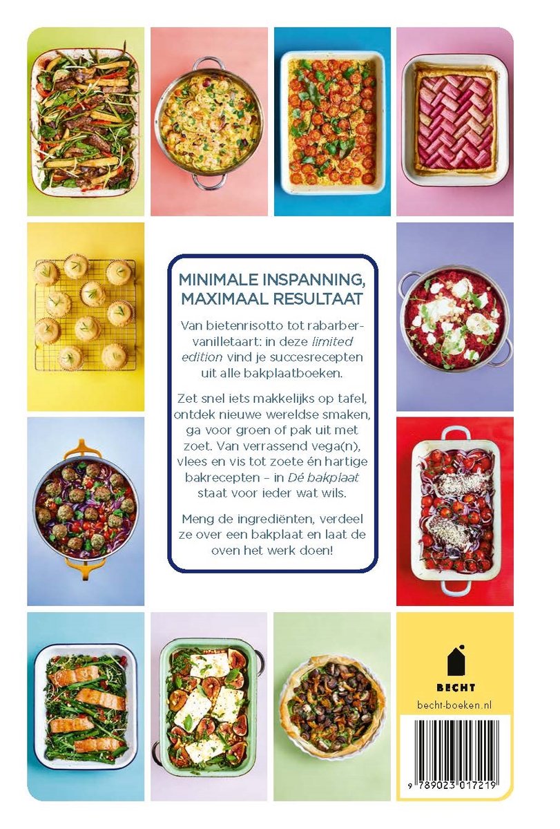 Collage van diverse gerechten uit "Dé bakplaat", waaronder groente-ovenschotels, gebak en een rabarbertaart.