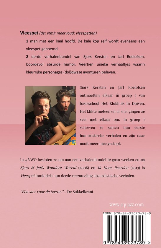 Boek kaft met "Vleespet" in grote letters. Beschrijft een verhalenbundel van Sjors Kersten en Jarl Roelofsen. Achterkant toont auteurs en een recensie.