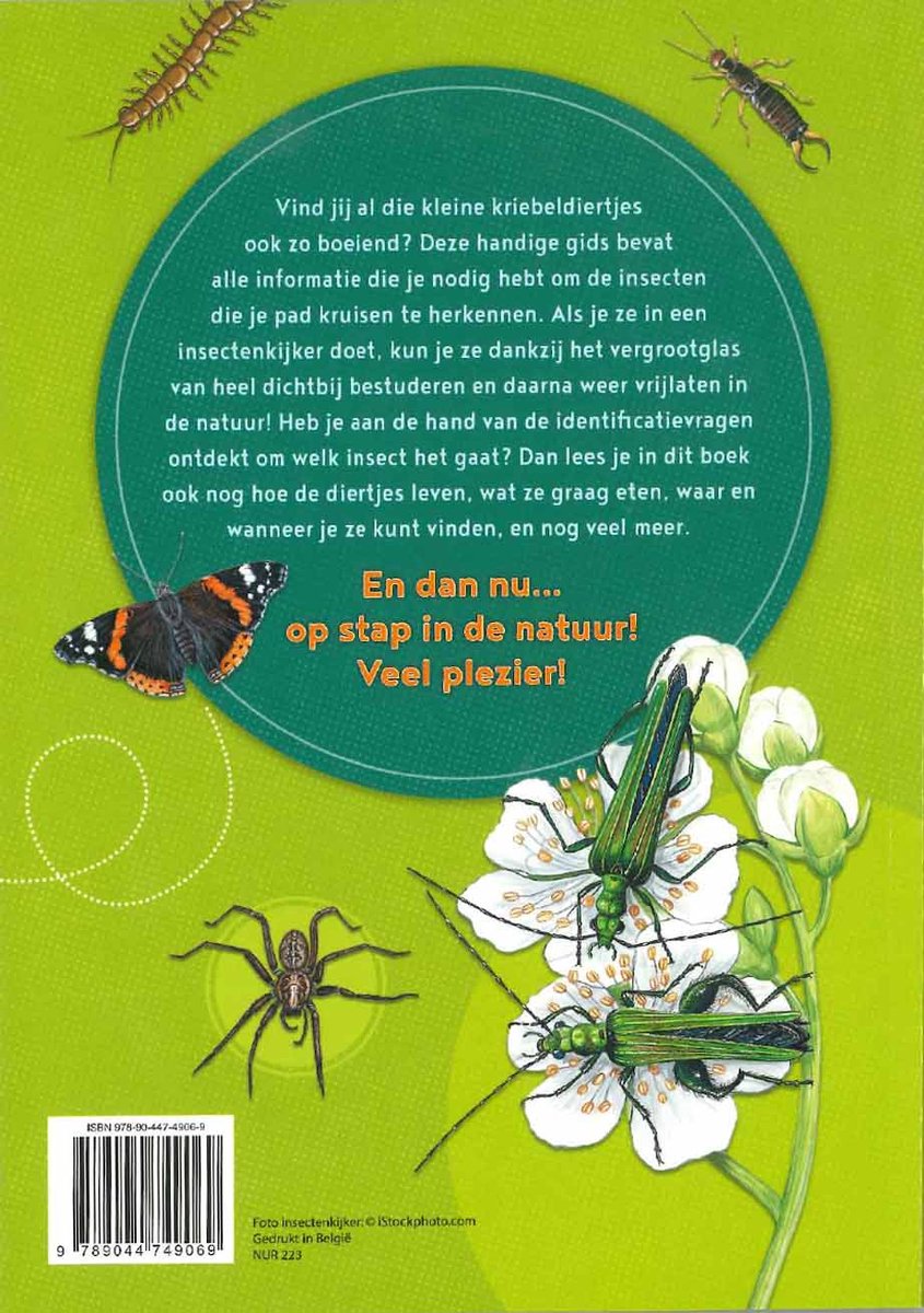 Een bruine vlinder, een spin, twee groene kevers op witte bloemen en een duizendpoot, met de tekst "Stap in de natuur!".