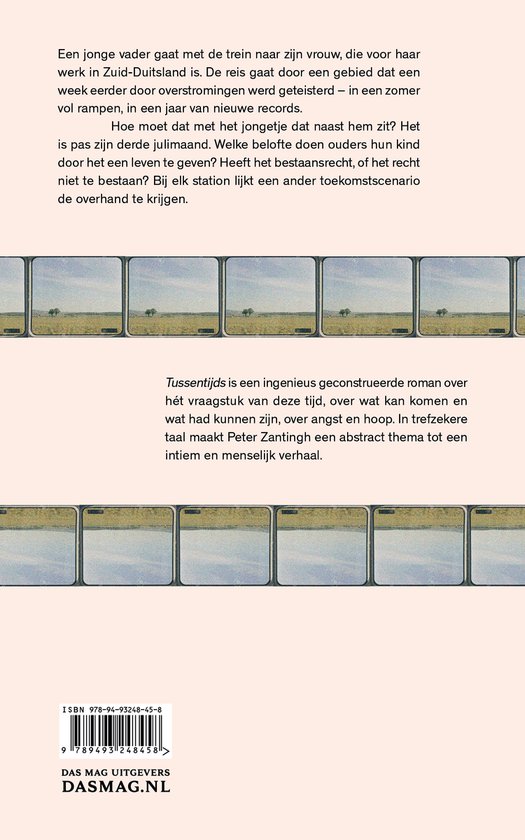 Boekcover 'Tussentijds' met tekst en een reeks foto's van een zonnig landschap met bomen.