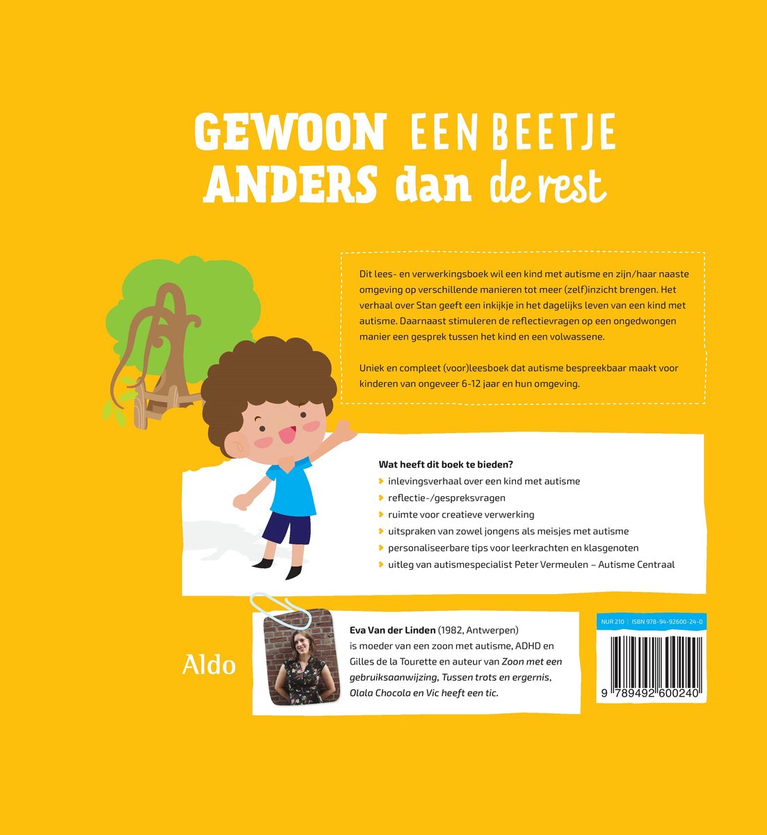 Illustratie van een jongen met autisme met een tekstblok "Wat heeft dit boek te bieden?". Titel "Gewoon een beetje anders dan de rest".