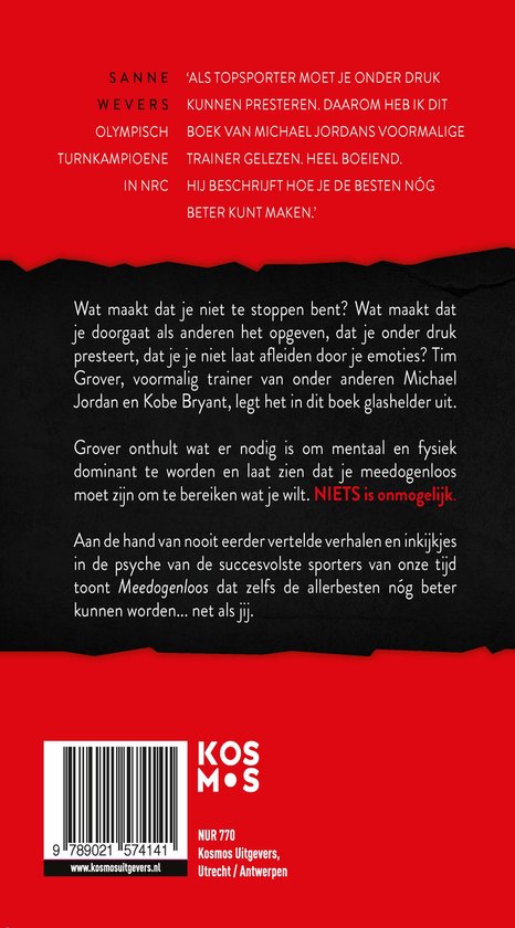 Achterkant boek kaft met NRC quote in rood en zwart. ISBN nummer en uitgever Kosmos.